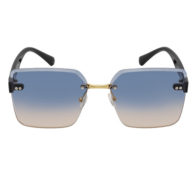 CASCADE - Rimless Oversize Square Sunglasses Black - Gold Blue - Tan Lens