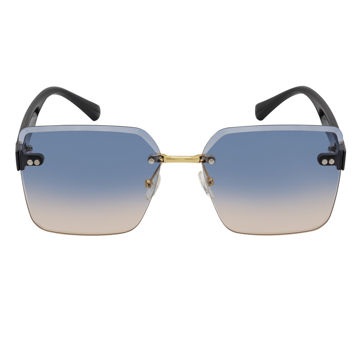CASCADE - Rimless Oversize Square Sunglasses Black - Gold Blue - Tan Lens