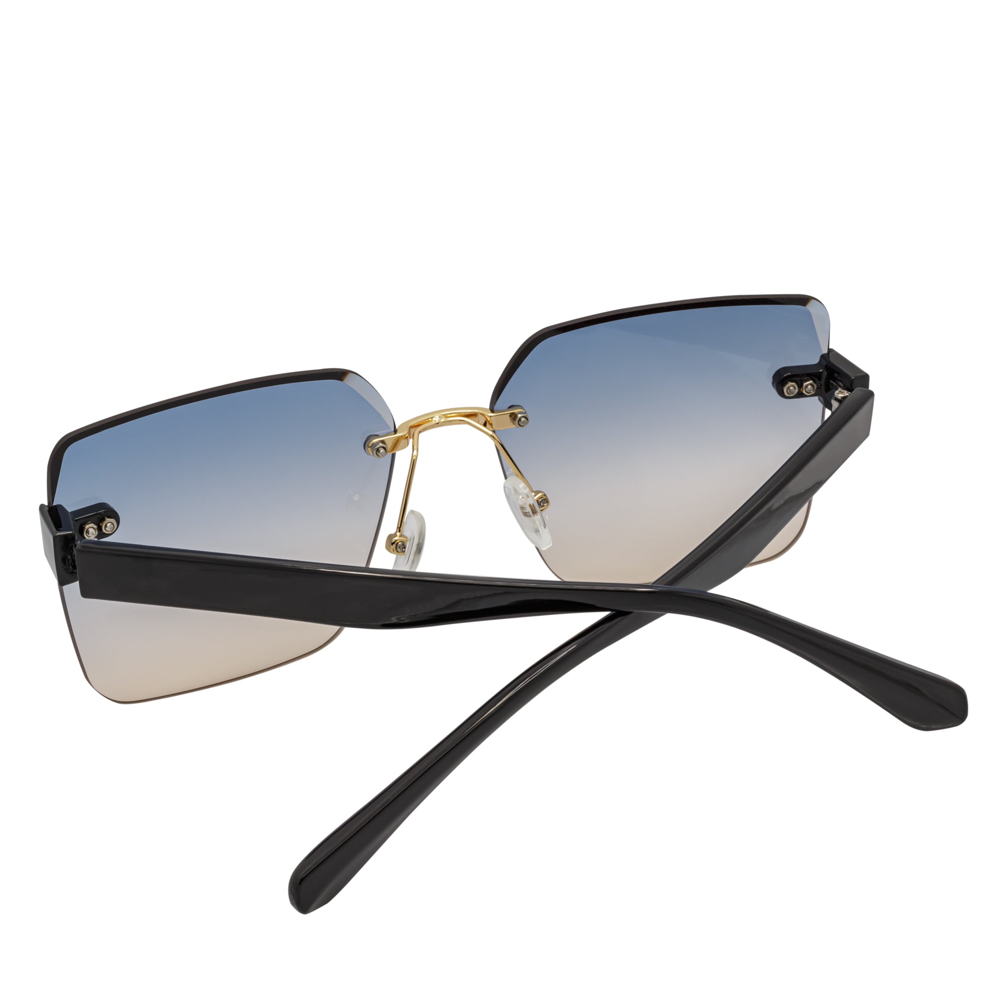 CASCADE - Rimless Oversize Square Sunglasses Black - Gold Blue - Tan Lens