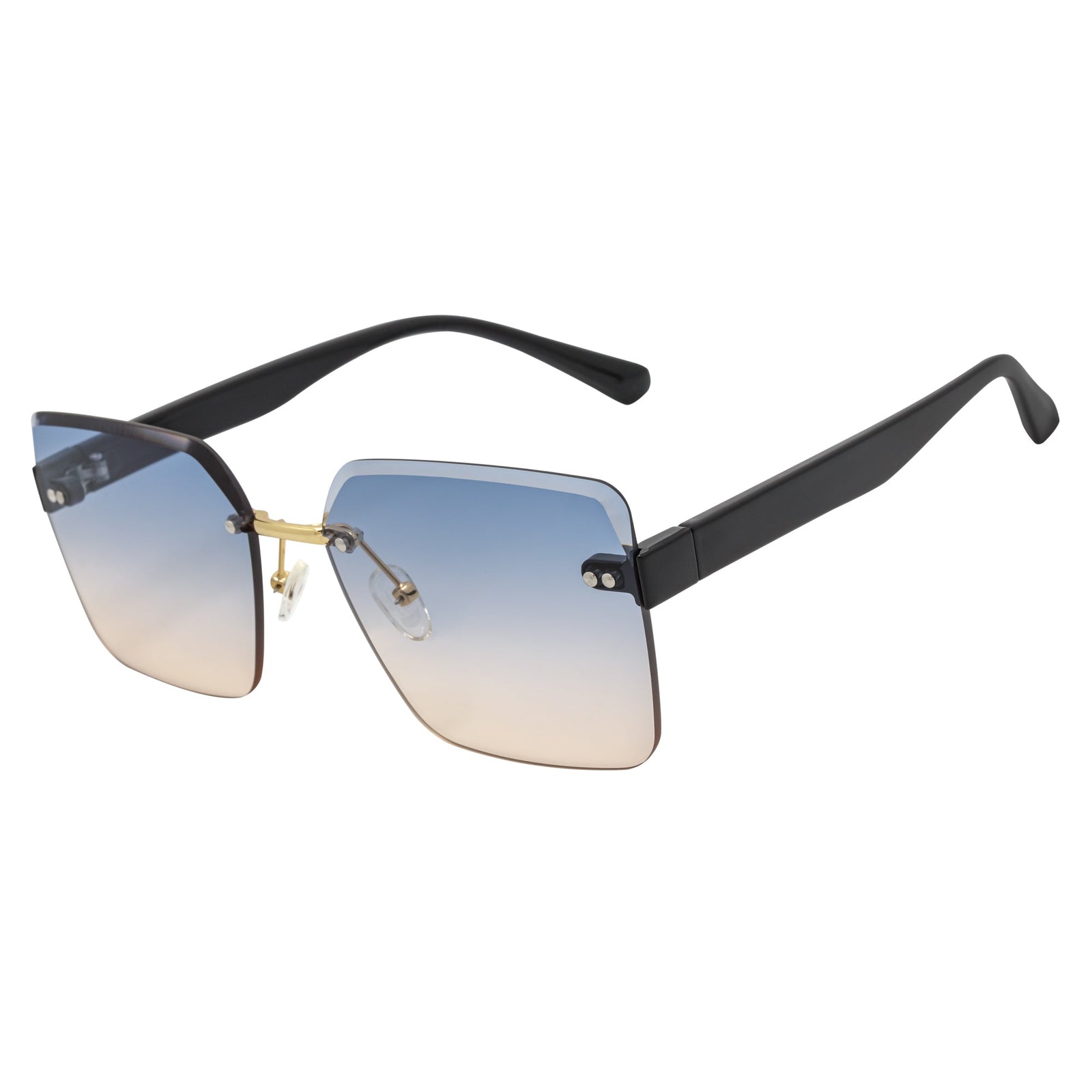 CASCADE - Rimless Oversize Square Sunglasses Black - Gold Blue - Tan Lens