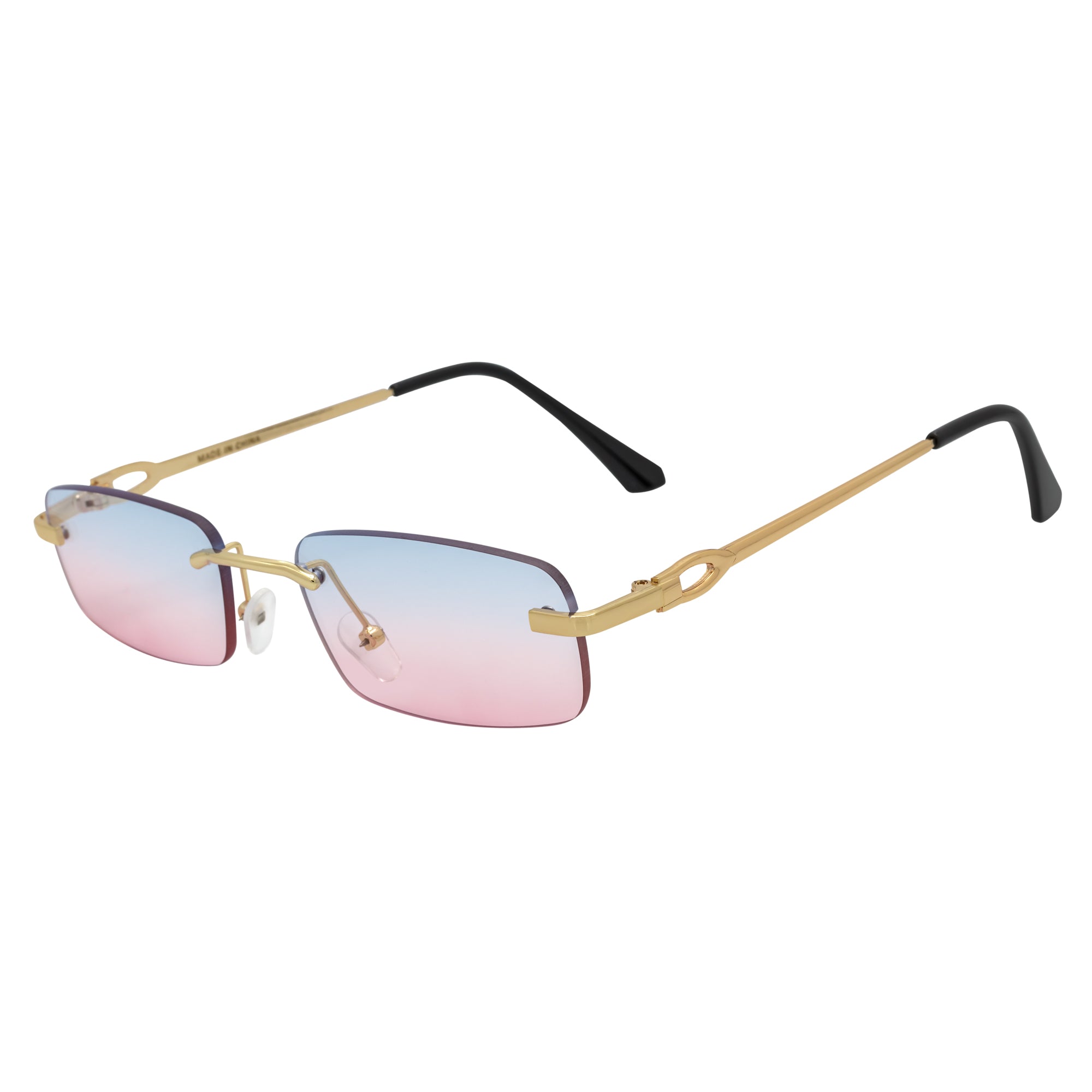 CHANELLE - Rimless Small Rectangle Sunglasses Gold Blue - Pink Fade Lens
