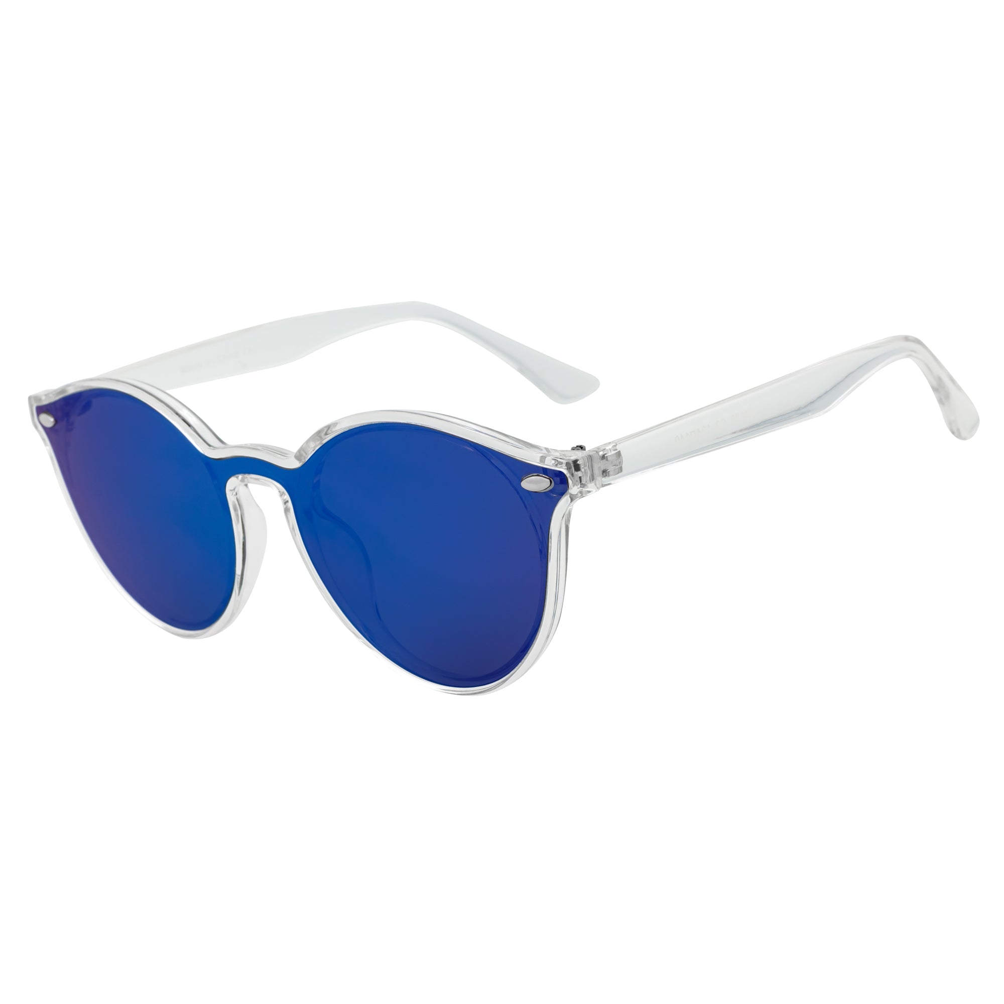 DEVO - Small Flat Lens Round Horn Rimmed Sunglasses Crystal Blue Mirror
