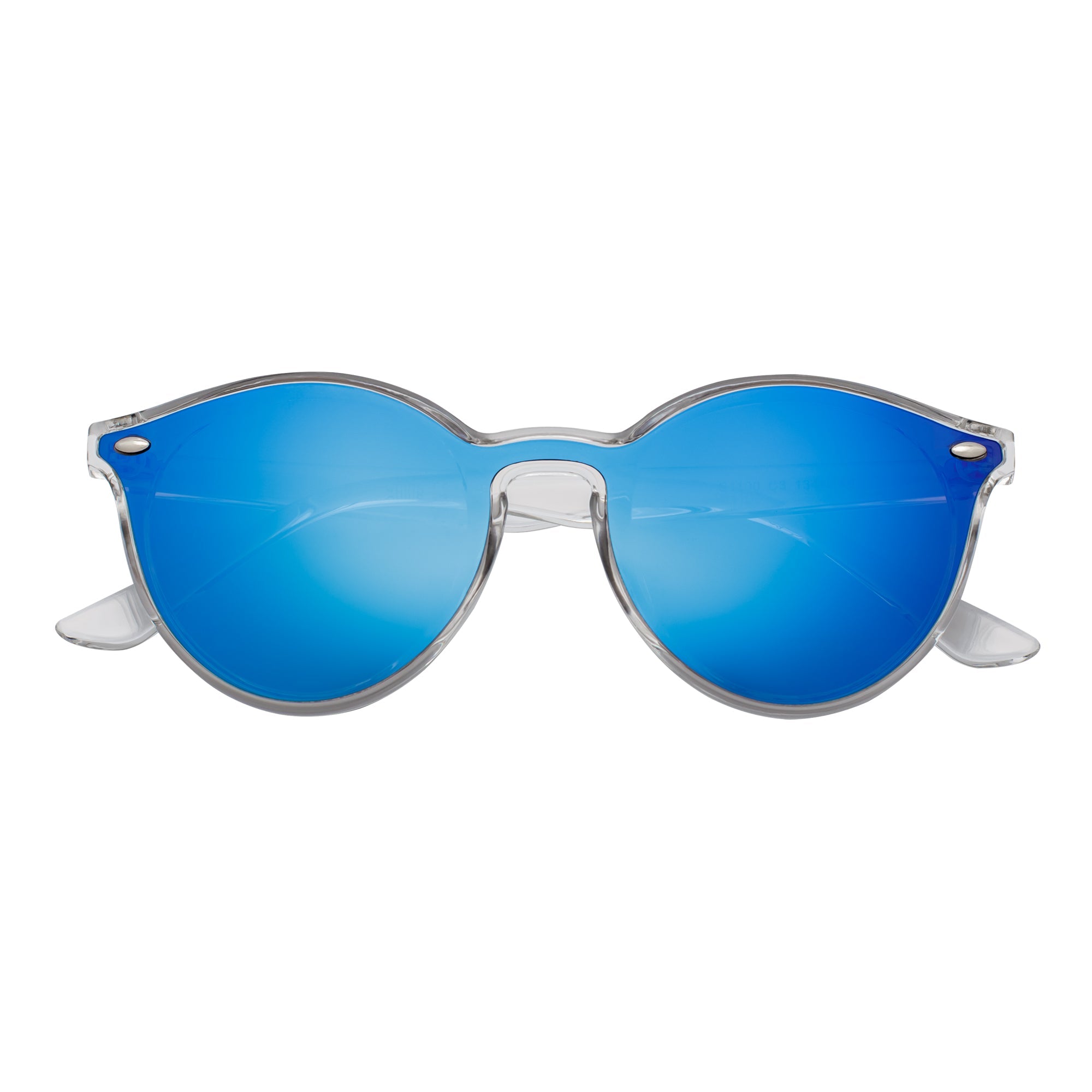 DEVO - Small Flat Lens Round Horn Rimmed Sunglasses Crystal Blue Mirror