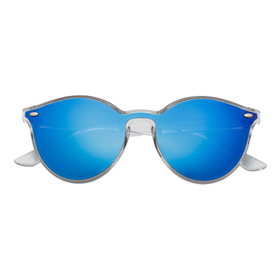 DEVO - Small Flat Lens Round Horn Rimmed Sunglasses Crystal Blue Mirror