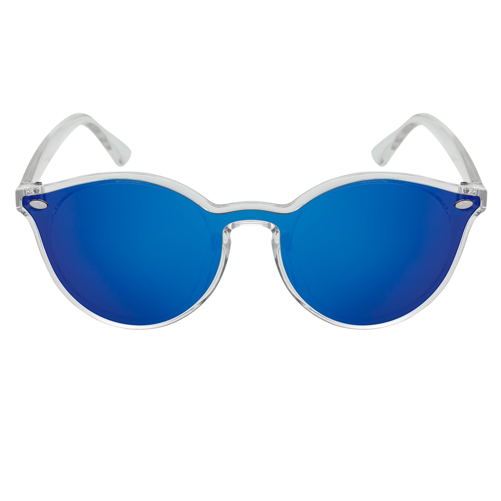 DEVO - Small Flat Lens Round Horn Rimmed Sunglasses Crystal Blue Mirror