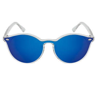 DEVO - Small Flat Lens Round Horn Rimmed Sunglasses Crystal Blue Mirror