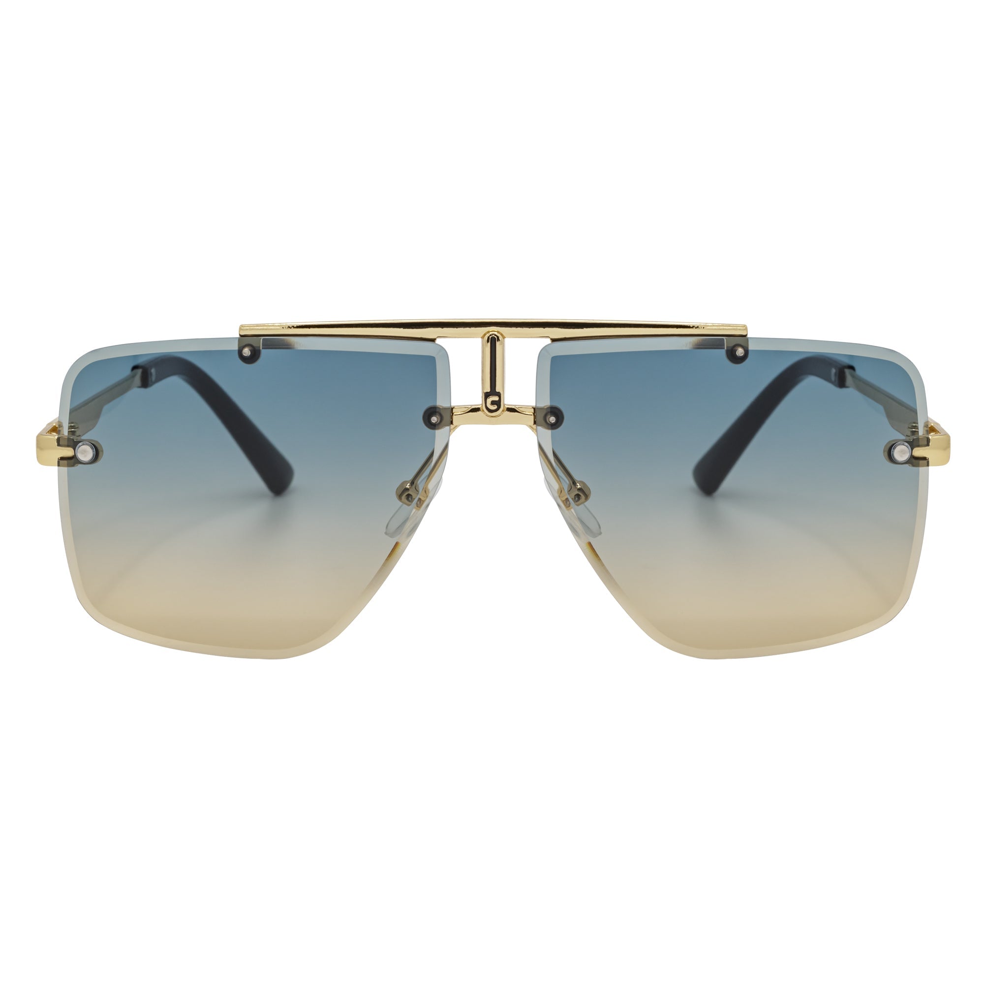 DIRECTOR - Rimless Metal Flat Top Aviator Gold Sunglasses Blue - Tan Lens