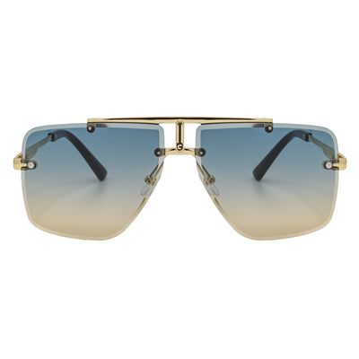 DIRECTOR - Rimless Metal Flat Top Aviator Gold Sunglasses Blue - Tan Lens