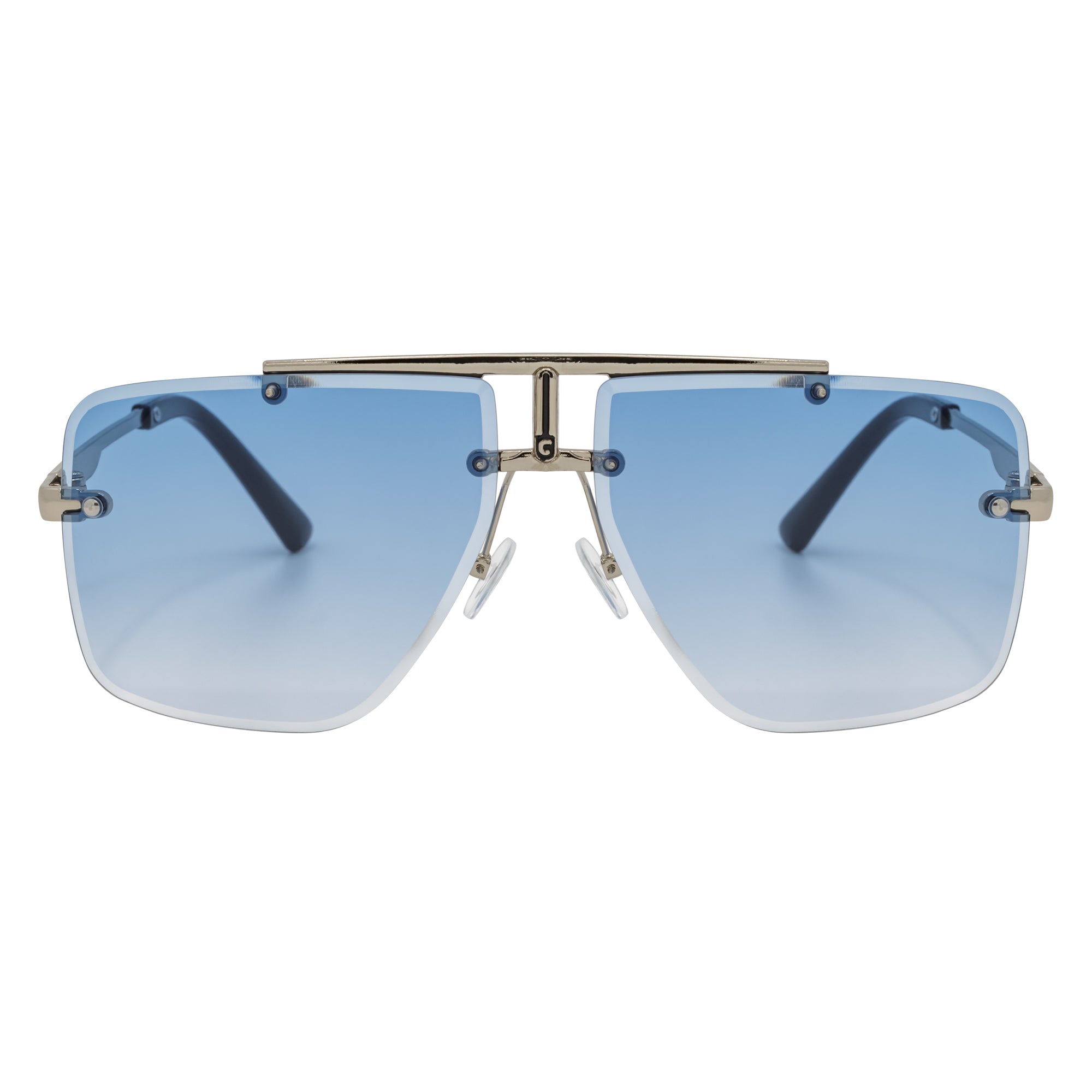 DIRECTOR - Rimless Metal Flat Top Aviator Sunglasses Silver Blue Fade Lens