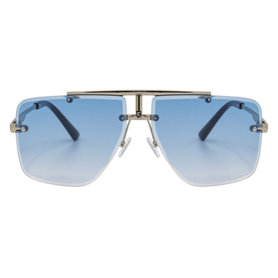 DIRECTOR - Rimless Metal Flat Top Aviator Sunglasses Silver Blue Fade Lens