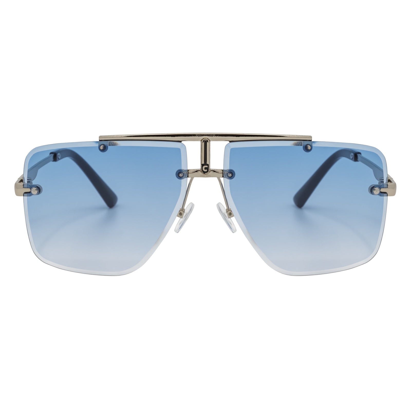 DIRECTOR - Rimless Metal Flat Top Aviator Sunglasses Silver Blue Fade Lens
