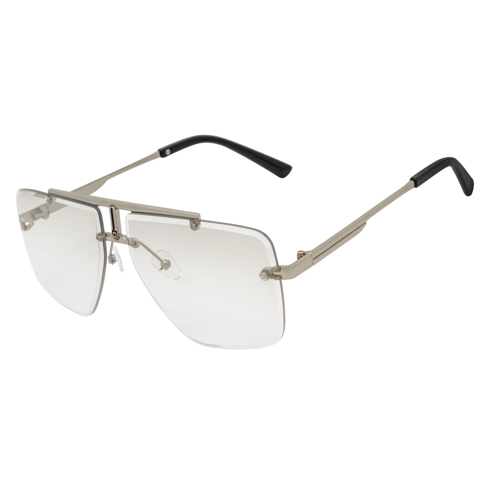 DIRECTOR - Rimless Metal Flat Top Aviator Sunglasses Silver Clear Lens