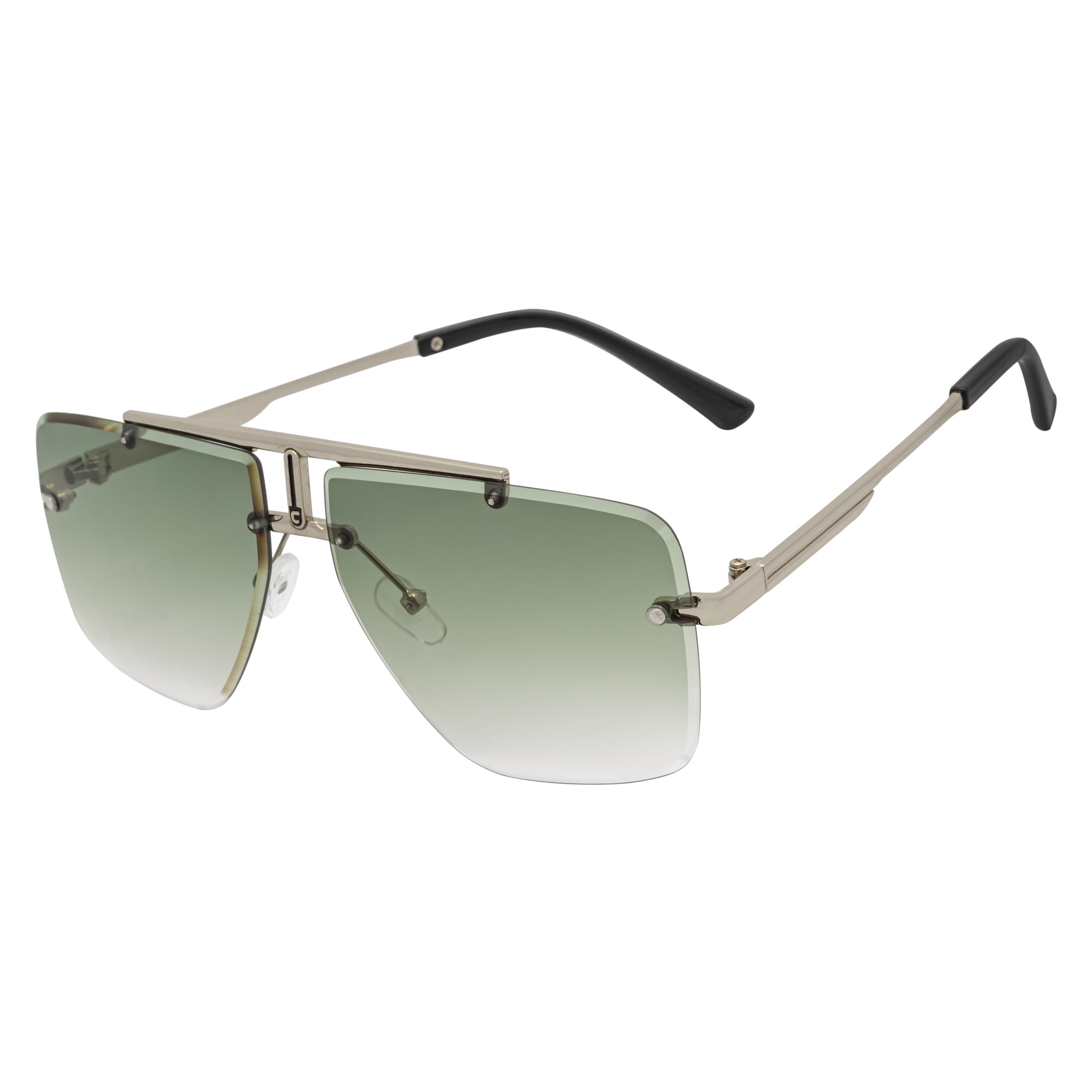 DIRECTOR - Rimless Metal Flat Top Aviator Sunglasses Silver Green Fade Lens