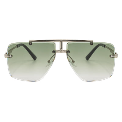 DIRECTOR - Rimless Metal Flat Top Aviator Sunglasses Silver Green Fade Lens