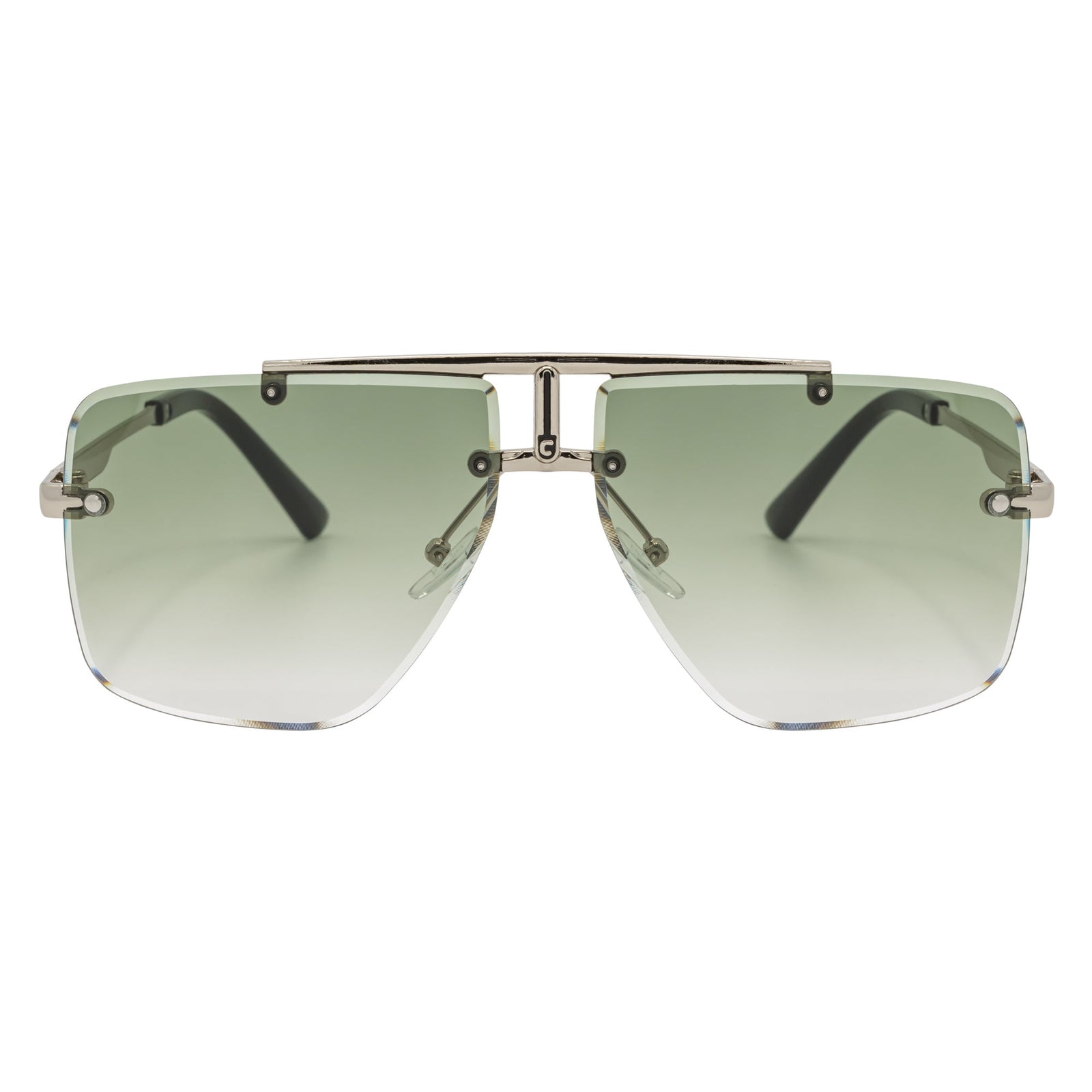 DIRECTOR - Rimless Metal Flat Top Aviator Sunglasses Silver Green Fade Lens