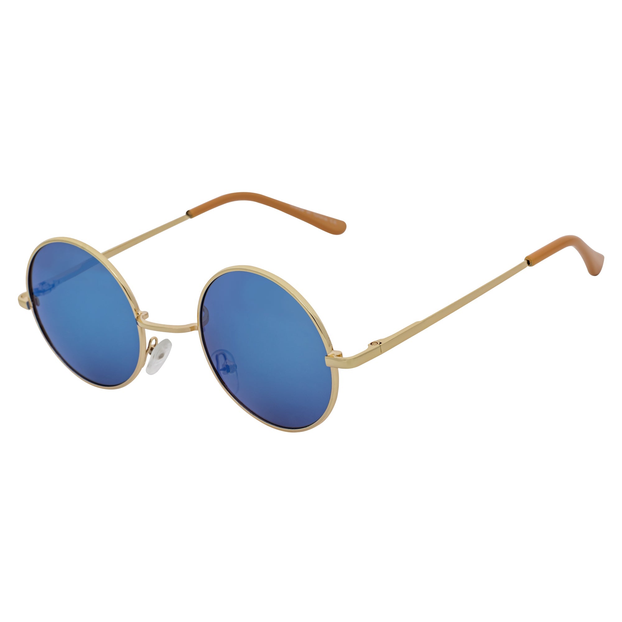 ELTON - Retro Small Metal Circle Round Sunglasses Gold Blue Mirror Lens