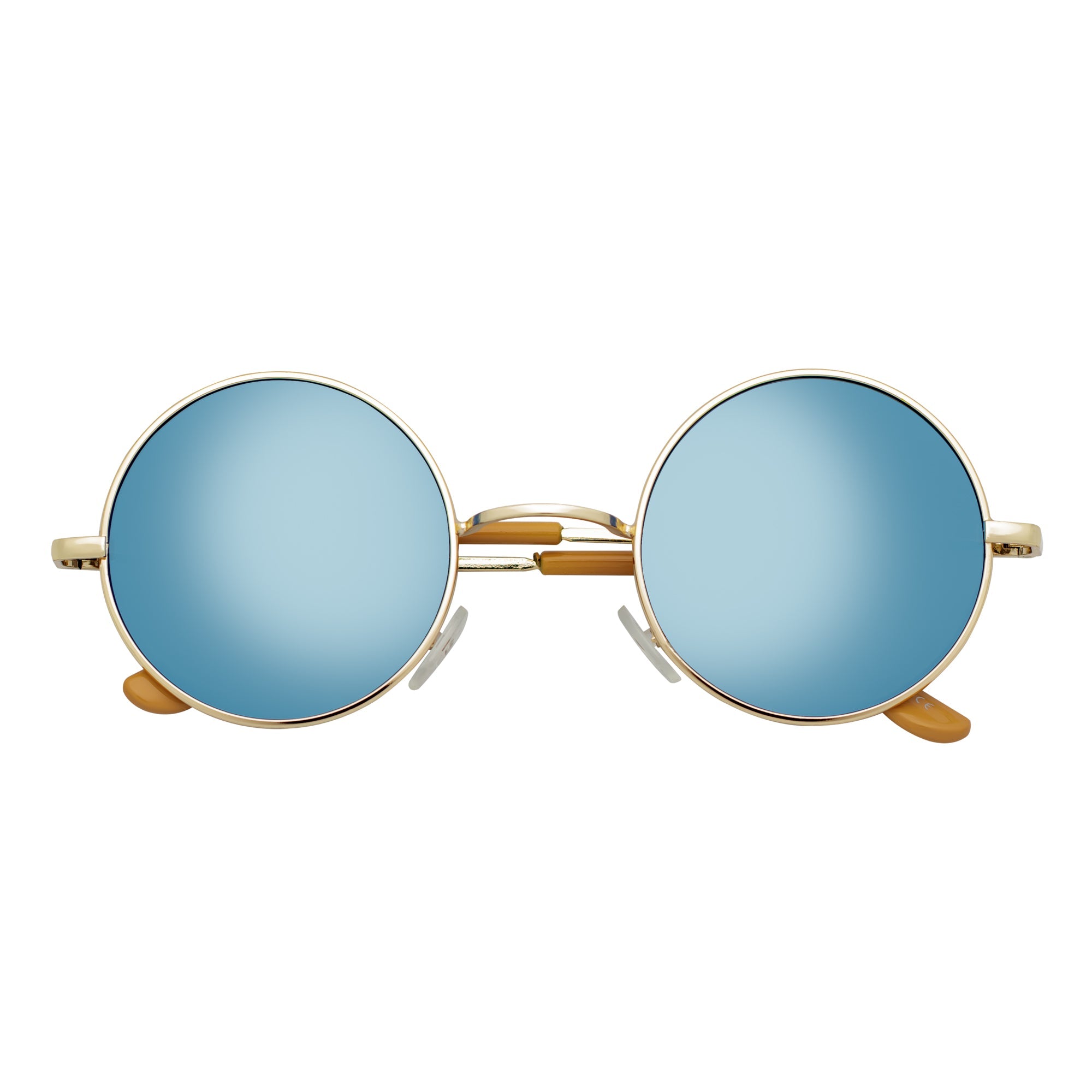 ELTON - Retro Small Metal Circle Round Sunglasses Gold Blue Mirror Lens