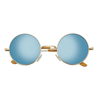 ELTON - Retro Small Metal Circle Round Sunglasses Gold Blue Mirror Lens