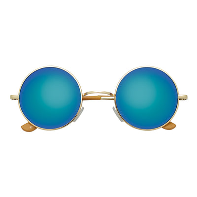 ELTON - Retro Small Metal Circle Round Sunglasses Gold Green Mirror