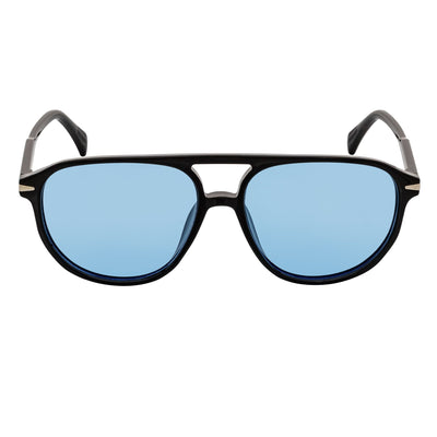 EPOCH - Classic Flat Top Plastic Aviator Black Sunglasses Blue Tint Lens
