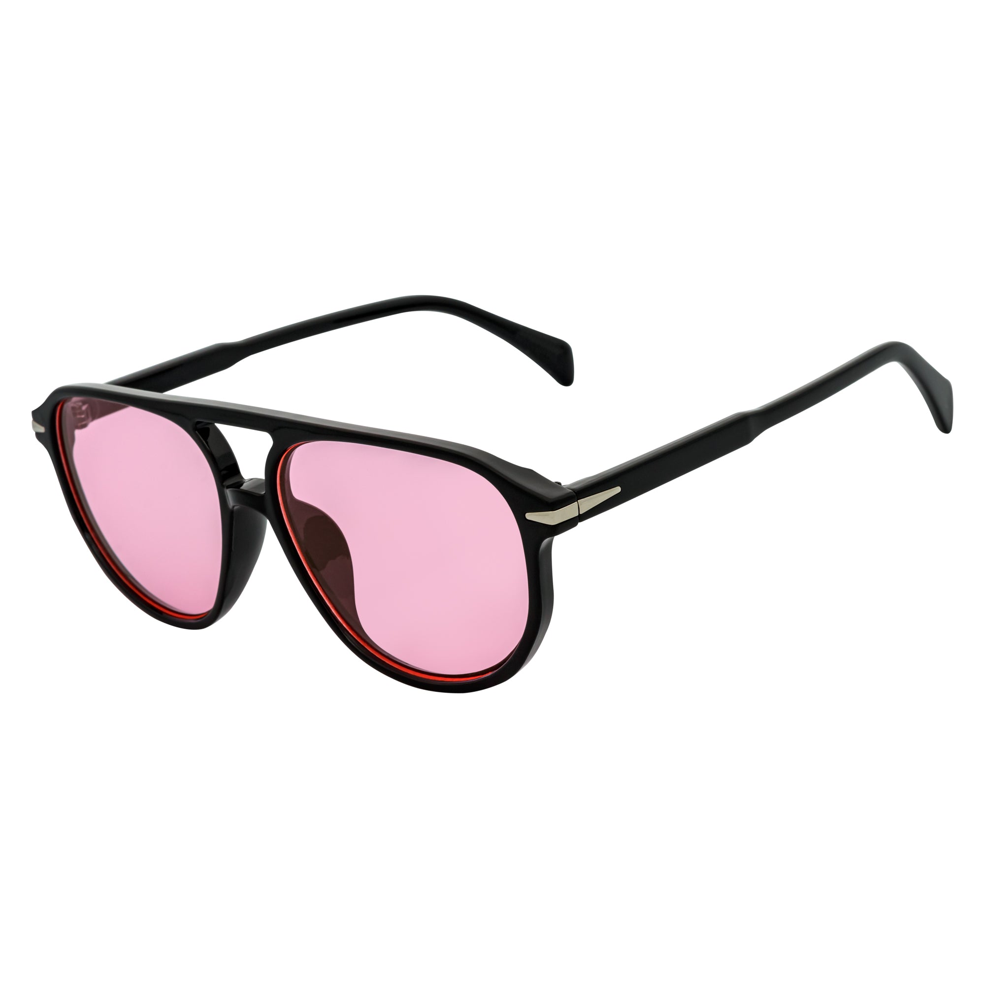 EPOCH - Classic Flat Top Plastic Aviator Black Sunglasses Pink Lens