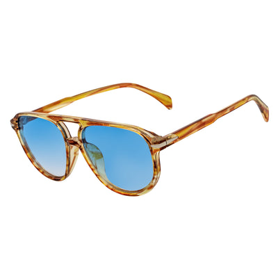 EPOCH - Classic Flat Top Plastic Aviator Havana Sunglasses Blue Tint Lens