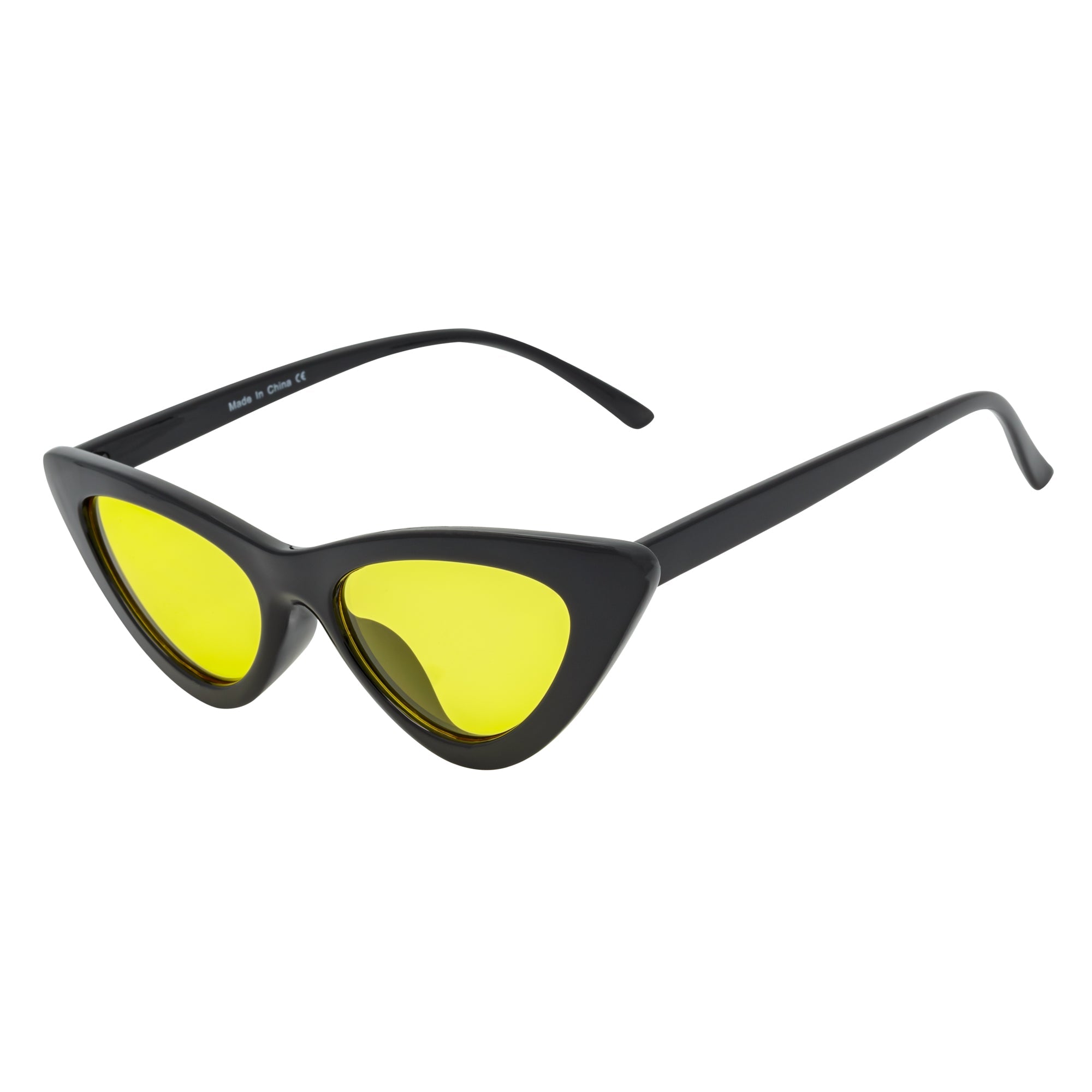 FELINE - Thick Oval Retro Small Cat Eye Sunglasses Black Yellow Tint