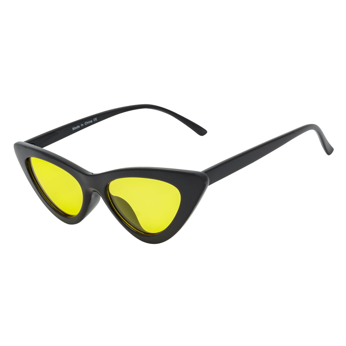 FELINE - Thick Oval Retro Small Cat Eye Sunglasses Black Yellow Tint