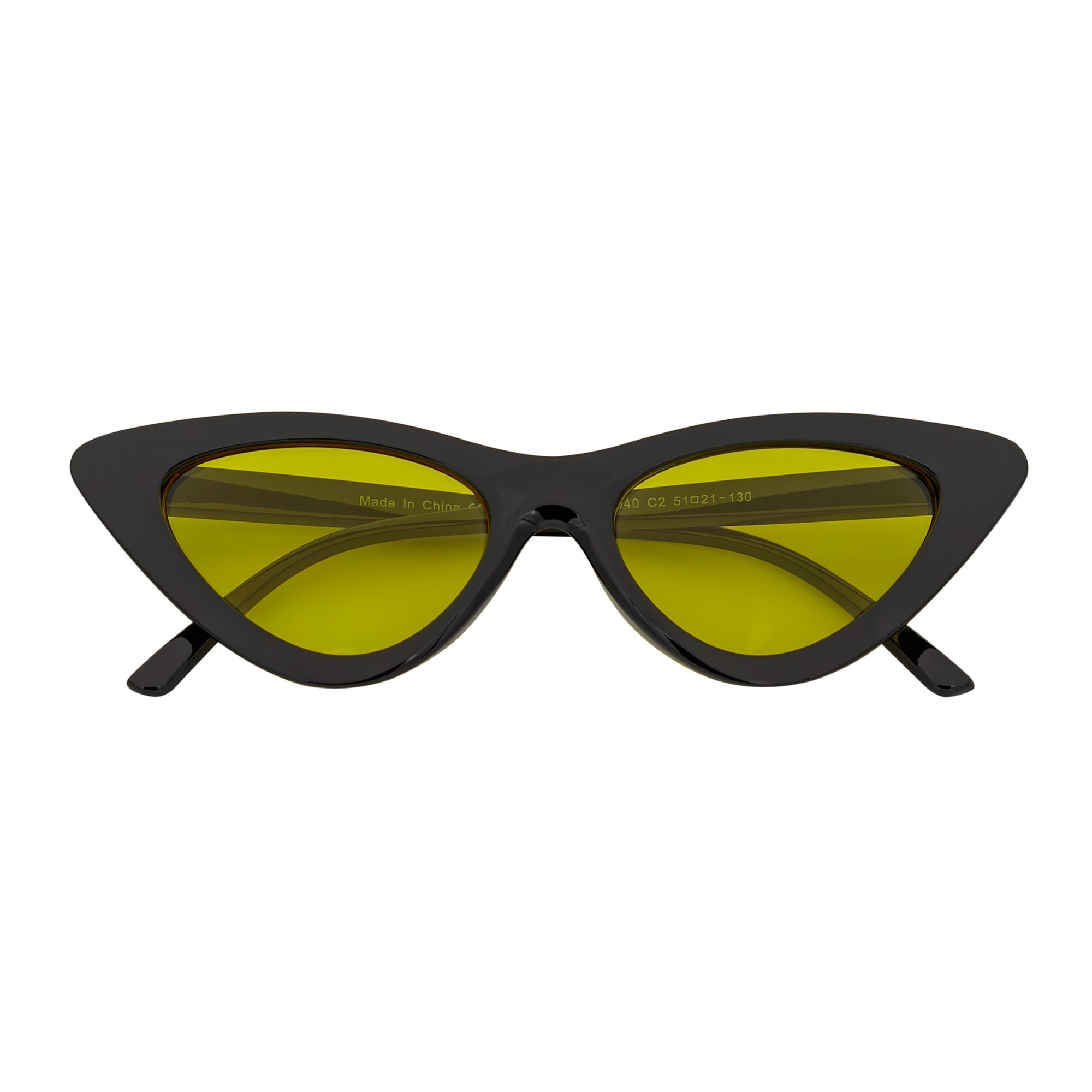 FELINE - Thick Oval Retro Small Cat Eye Sunglasses Black Yellow Tint