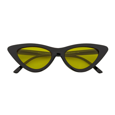 FELINE - Thick Oval Retro Small Cat Eye Sunglasses Black Yellow Tint