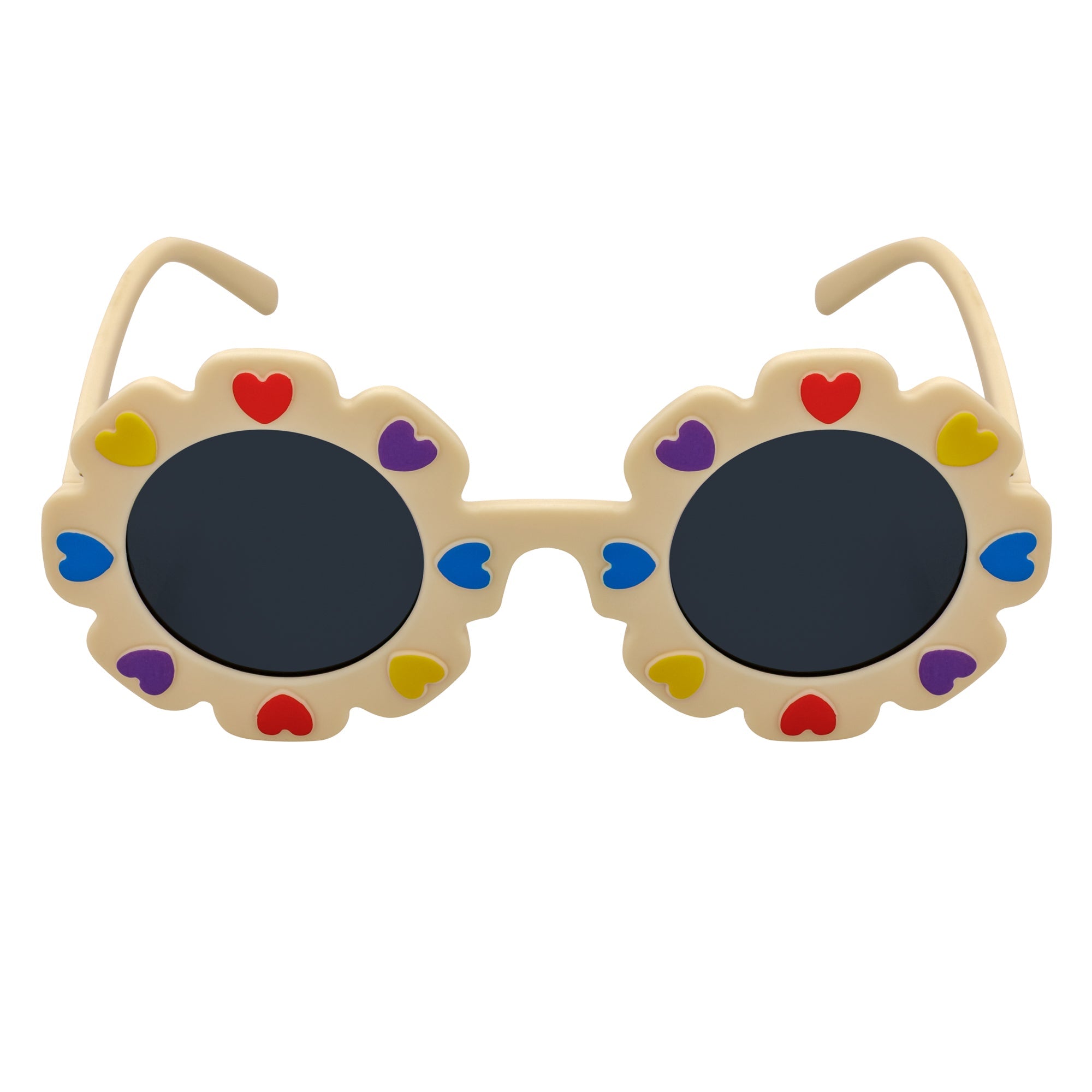 FLOWER HEARTS - Kids Girls Small Round Heart Flower Sunglasses Beige Smoke
