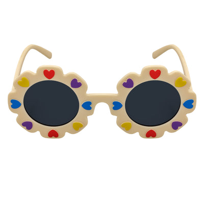 FLOWER HEARTS - Kids Girls Small Round Heart Flower Sunglasses Beige Smoke