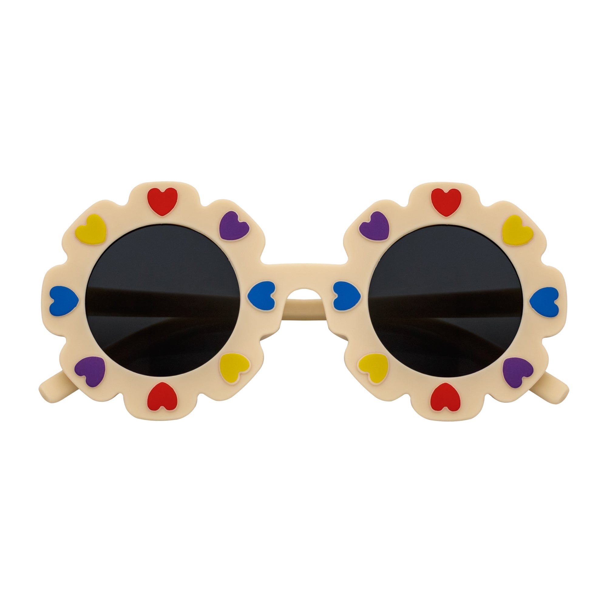 FLOWER HEARTS - Kids Girls Small Round Heart Flower Sunglasses Beige Smoke