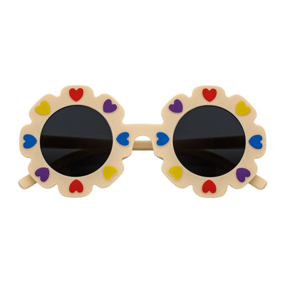 FLOWER HEARTS - Kids Girls Small Round Heart Flower Sunglasses Beige Smoke
