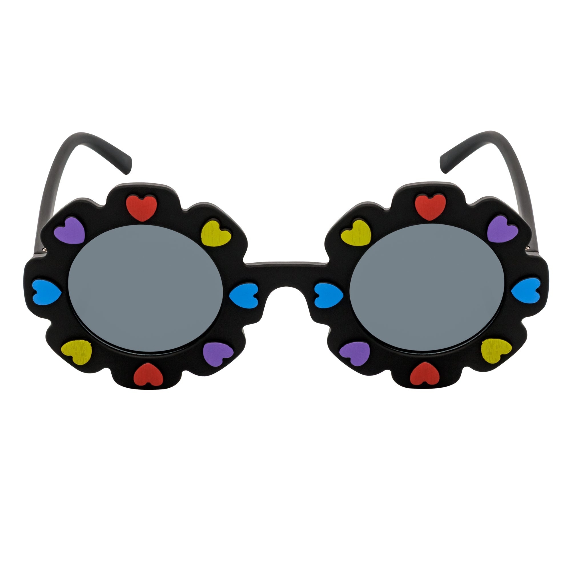 FLOWER HEARTS - Kids Girls Small Round Heart Flower Sunglasses Black Smoke