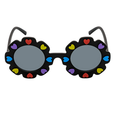 FLOWER HEARTS - Kids Girls Small Round Heart Flower Sunglasses Black Smoke