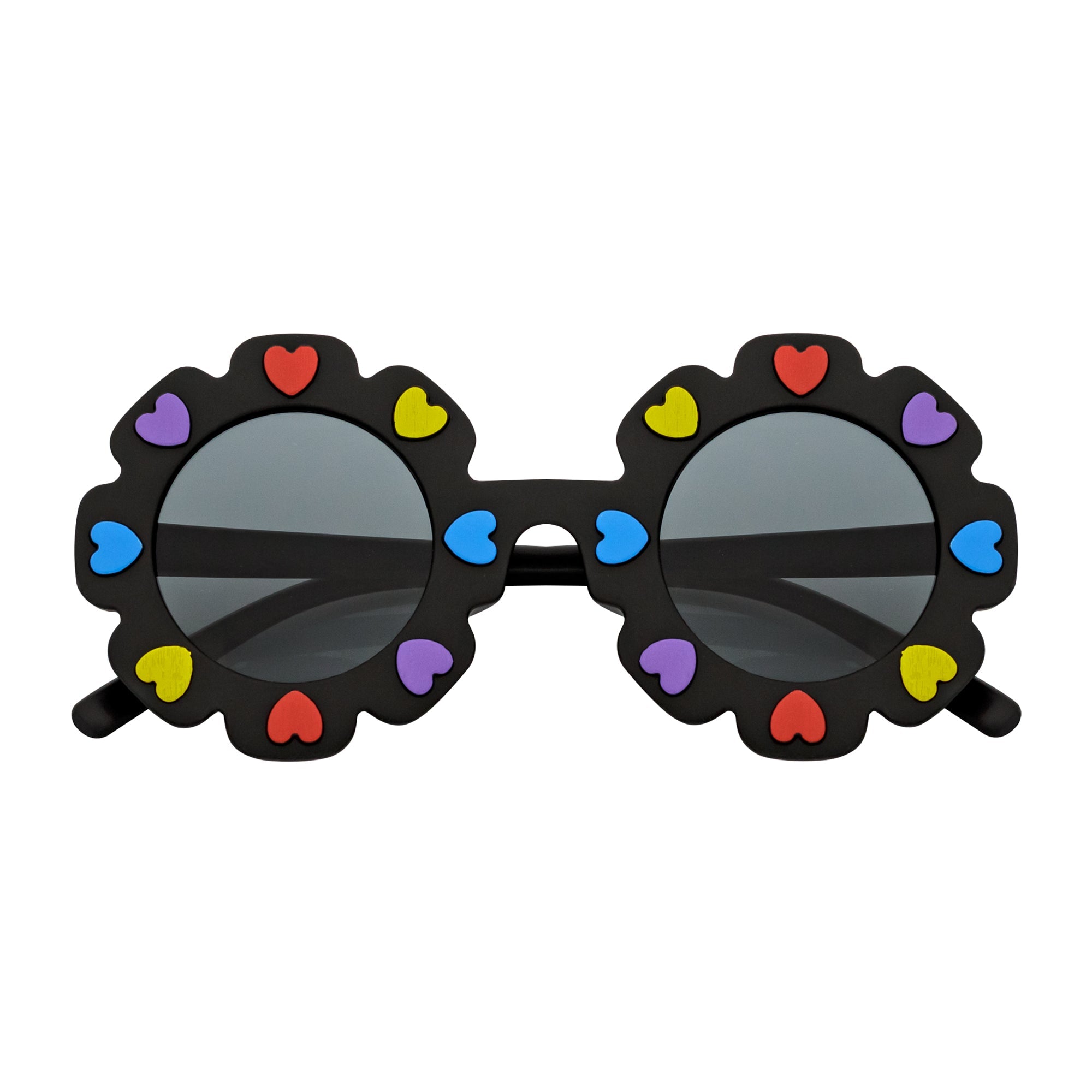 FLOWER HEARTS - Kids Girls Small Round Heart Flower Sunglasses Black Smoke