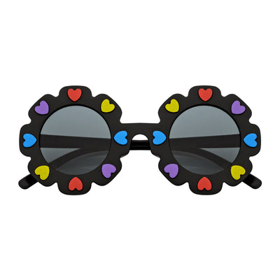 FLOWER HEARTS - Kids Girls Small Round Heart Flower Sunglasses Black Smoke