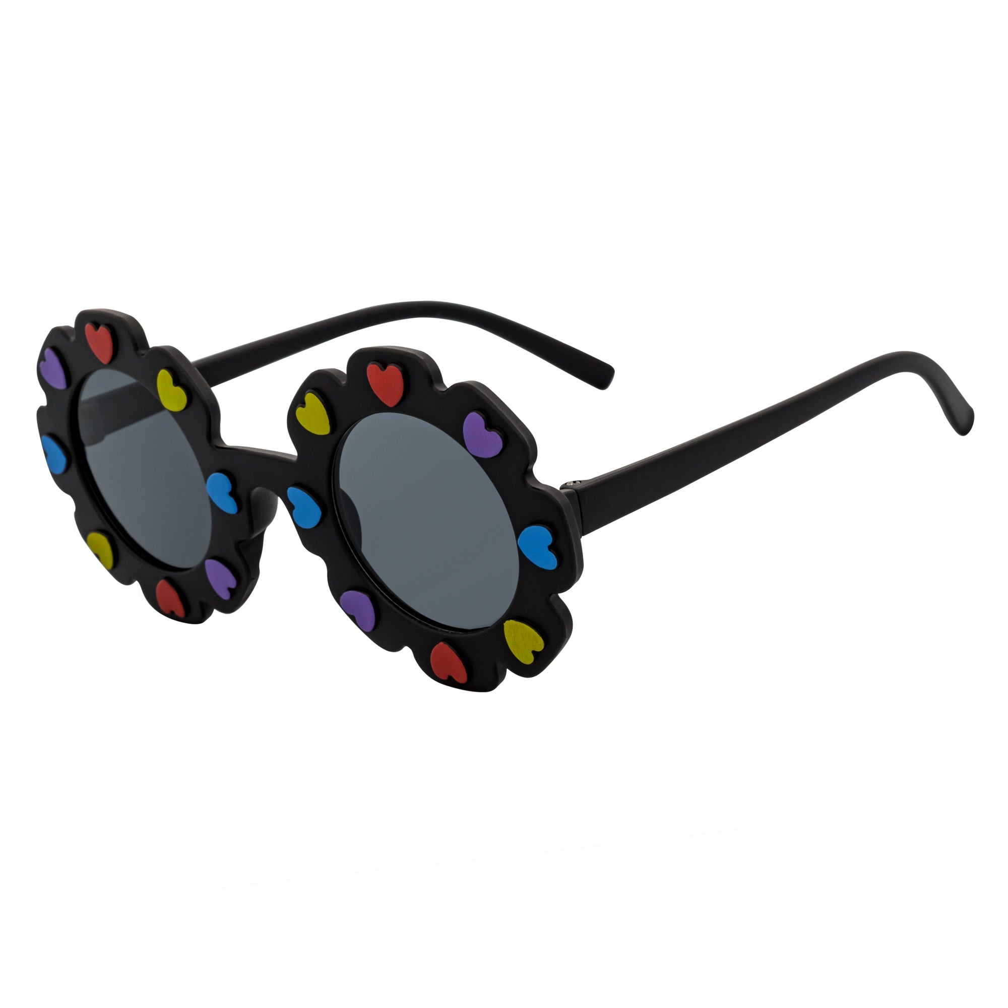 FLOWER HEARTS - Kids Girls Small Round Heart Flower Sunglasses Black Smoke