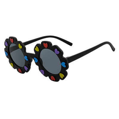 FLOWER HEARTS - Kids Girls Small Round Heart Flower Sunglasses Black Smoke
