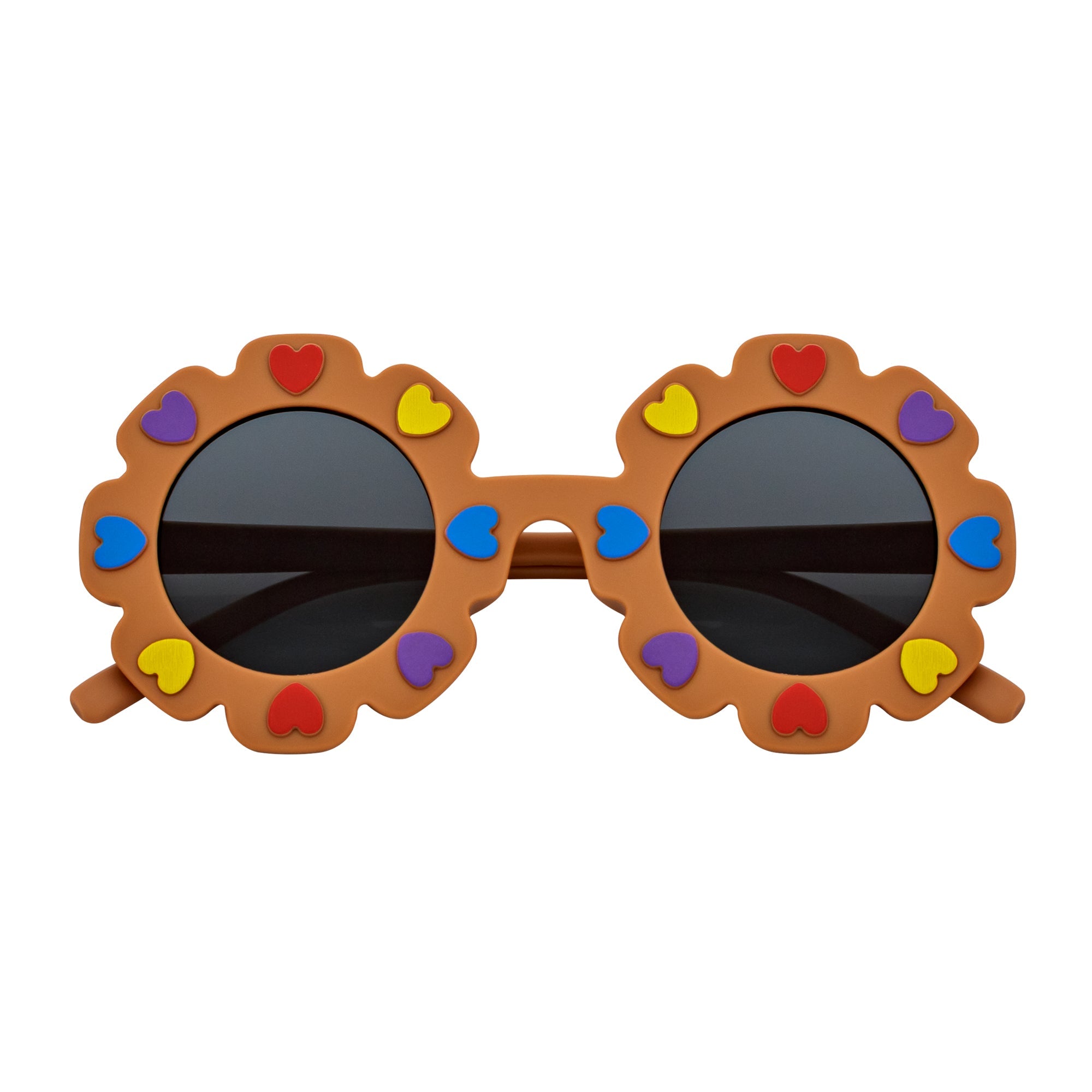 FLOWER HEARTS - Kids Girls Small Round Heart Flower Sunglasses Brown Smoke