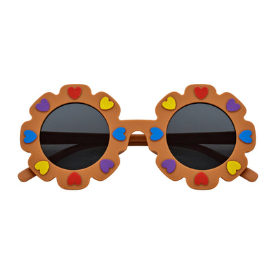 FLOWER HEARTS - Kids Girls Small Round Heart Flower Sunglasses Brown Smoke