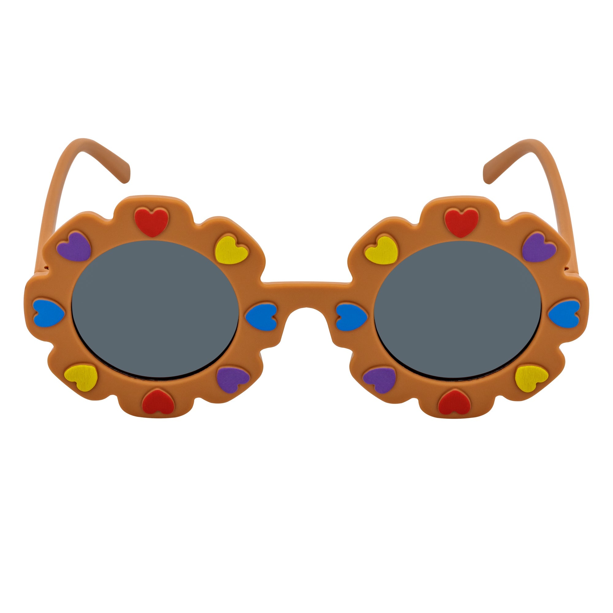 FLOWER HEARTS - Kids Girls Small Round Heart Flower Sunglasses Brown Smoke