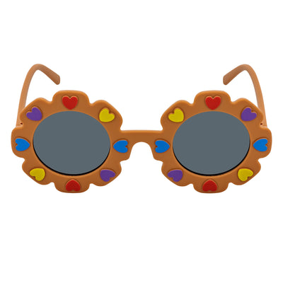 FLOWER HEARTS - Kids Girls Small Round Heart Flower Sunglasses Brown Smoke