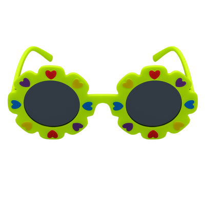FLOWER HEARTS - Kids Girls Small Round Heart Flower Sunglasses Green Smoke