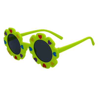 FLOWER HEARTS - Kids Girls Small Round Heart Flower Sunglasses Green Smoke