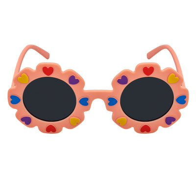 FLOWER HEARTS - Kids Girls Small Round Heart Flower Sunglasses Pink Smoke