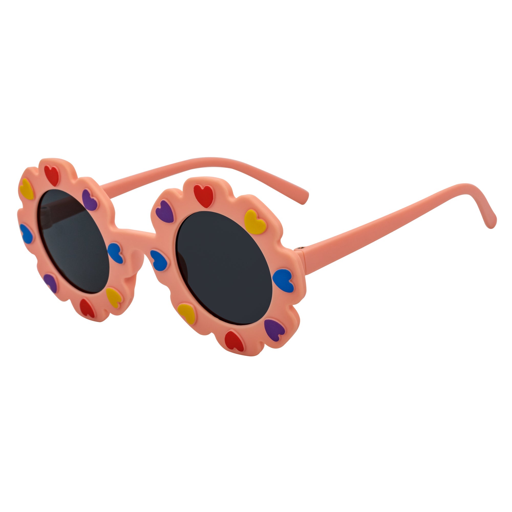 FLOWER HEARTS - Kids Girls Small Round Heart Flower Sunglasses Pink Smoke