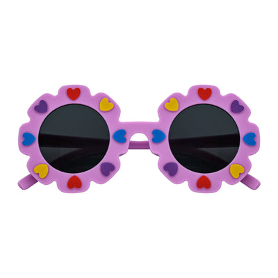 FLOWER HEARTS - Kids Girls Small Round Heart Flower Sunglasses Purple Smoke