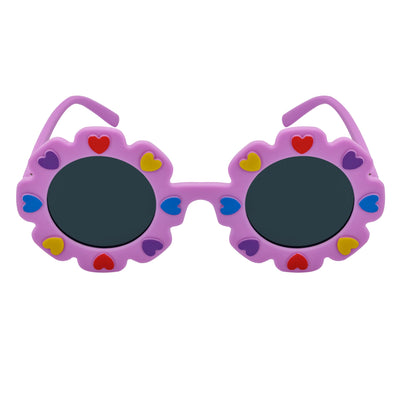 FLOWER HEARTS - Kids Girls Small Round Heart Flower Sunglasses Purple Smoke